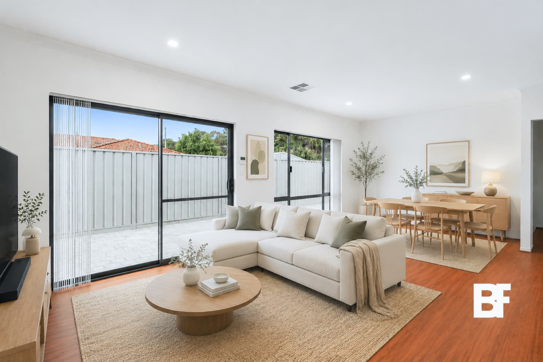 Naturally lit residential living and dining room photographed by BASEFORM