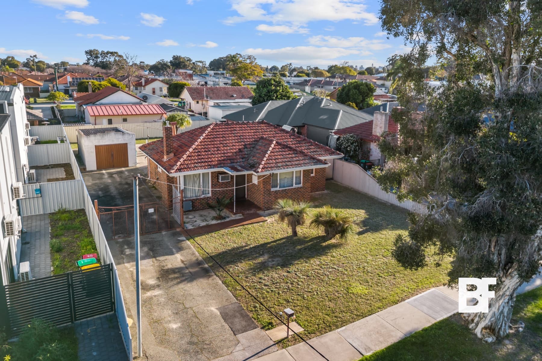 Elevated aerial view of a residential property frontage
